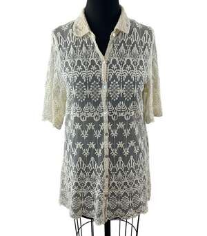 Sundance White Lace Scalloped Top Nylon Collared Button-Up Embroidered Size 12